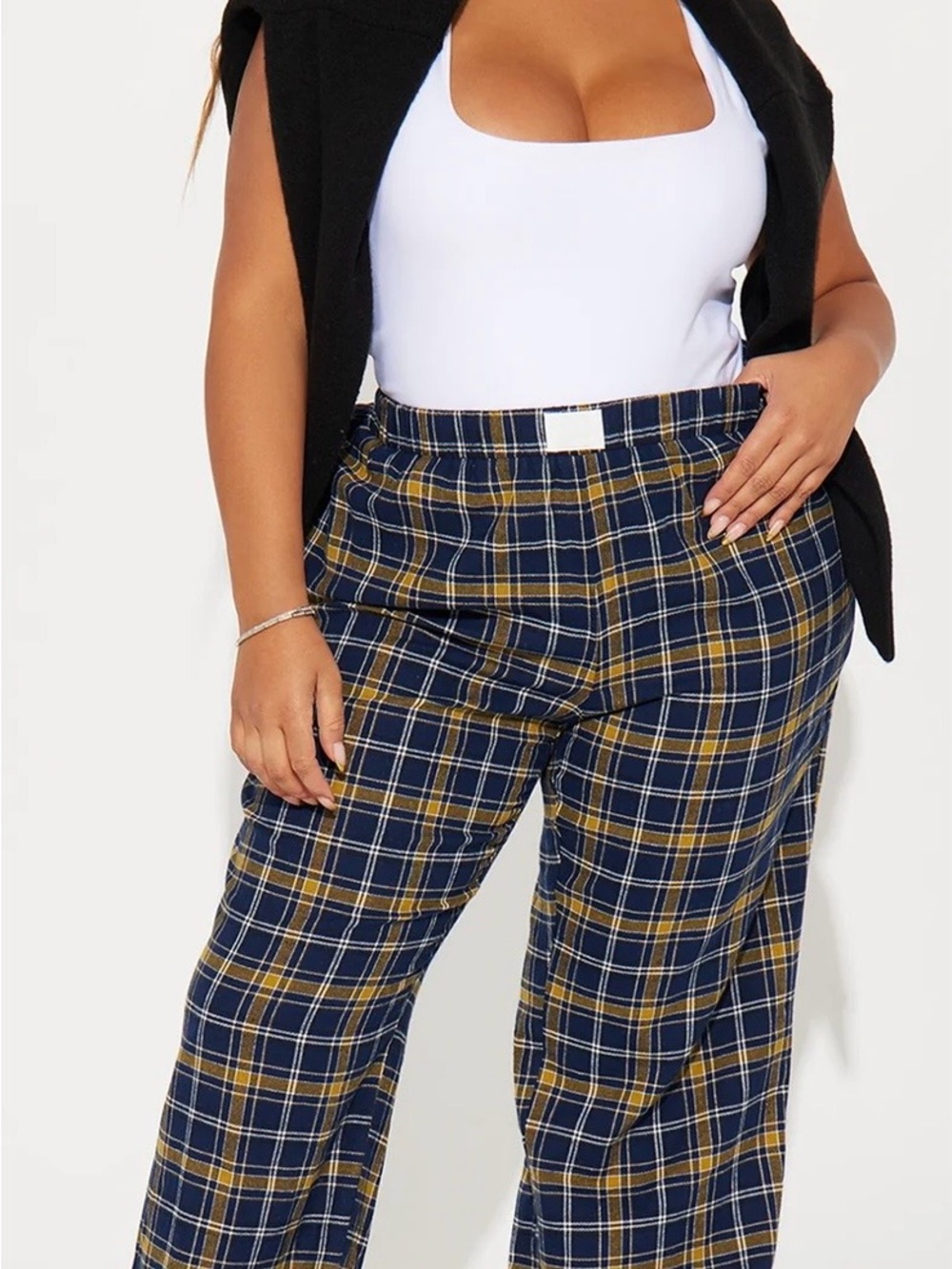 Fashion Nova Navy & Mustard Plaid Wide-Leg Pants
